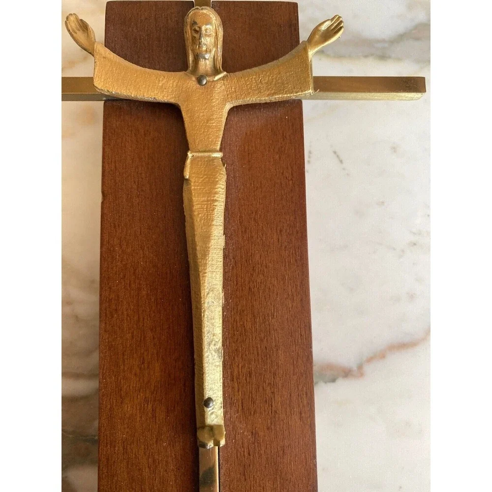 Wall Crucifix Gold Risen Christ Mid Century Modern Wood Plaque 12in